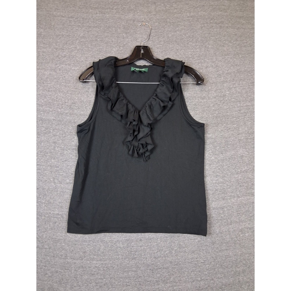 LRL Womens Shirt M Black Knit Cotton Waterfall Sleeveless Preppy Dark Academia